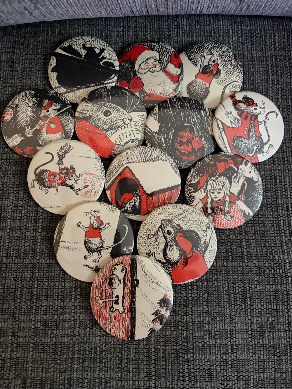 Set of 13 Illustrative Pinback Buttons in Black, White & Red